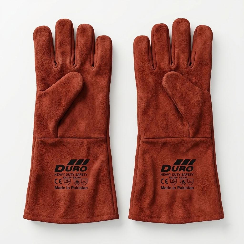 HAND GLOVES - LEATHER PADDED - WELDING - RED 16"