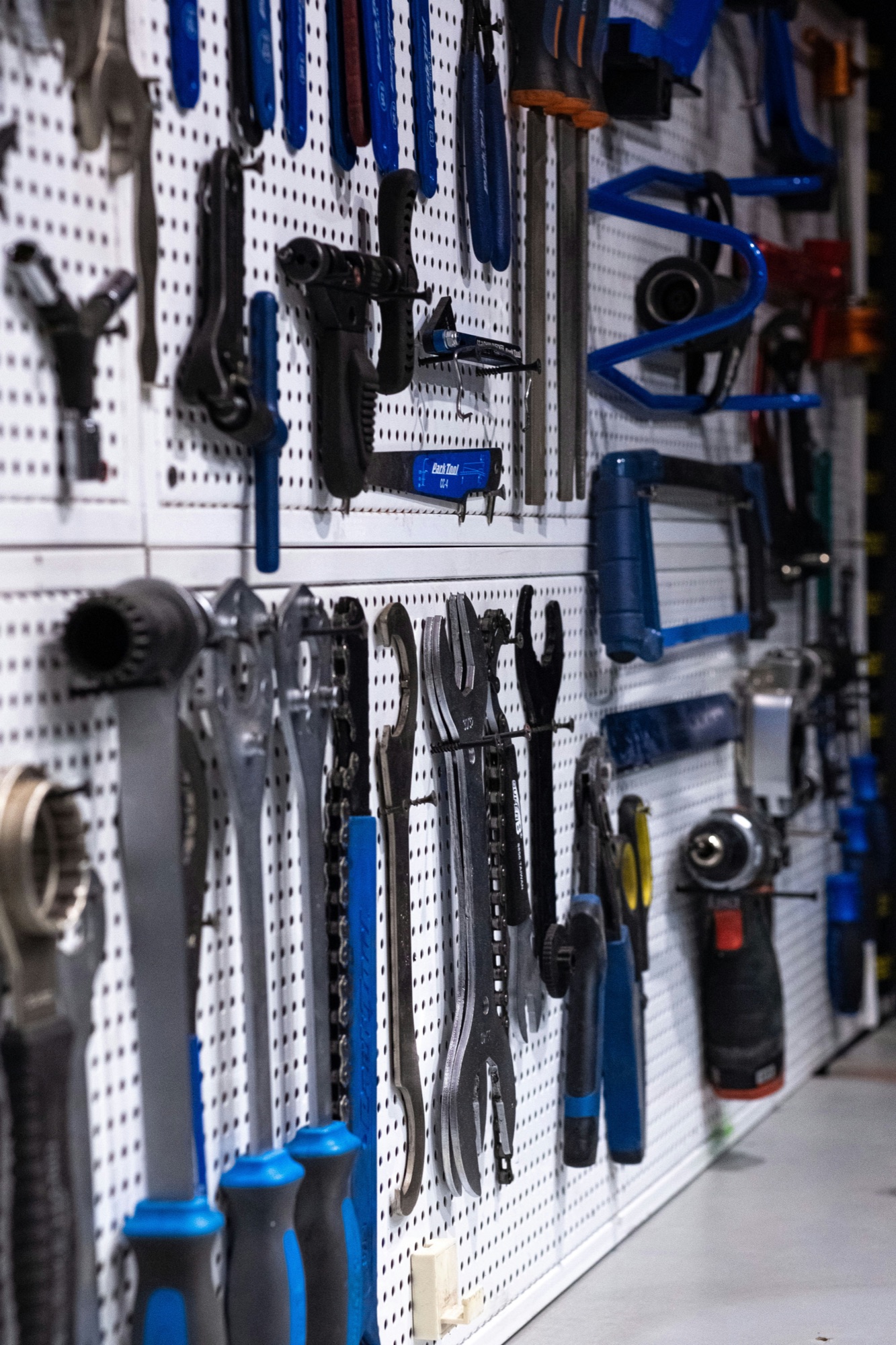 Professional tools organised on a workshop board